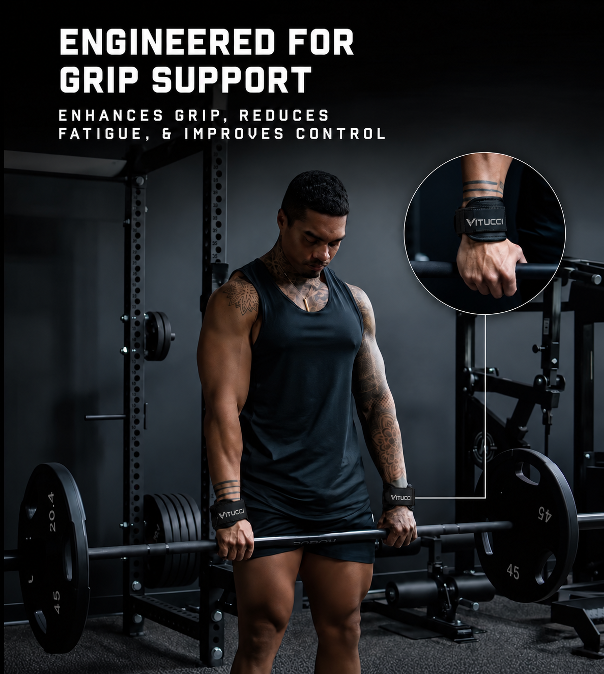 Athlete preparing for a lift with VITUCCI straps